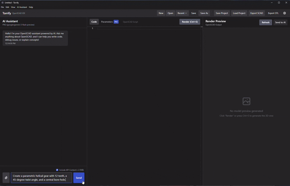 Animated Torrify demo showing conversational OpenSCAD iteration